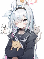 Rule 34 | 1boy, 1girl, animal, animal on head, black choker, black coat, black eyes, black hairband, black sailor collar, black serafuku, black shirt, blue archive, blunt bangs, blush, braid, cat, cat on head, choker, closed mouth, coat, collarbone, colored inner hair, commentary request, doodle sensei (blue archive), flying sweatdrops, hair over one eye, hair ribbon, hairband, halo, heart, heart halo, holding, holding animal, holding cat, long hair, long sleeves, looking at viewer, multicolored hair, myuton, neckerchief, on head, open clothes, open coat, pink hair, pink halo, plana (blue archive), red pupils, ribbon, sailor collar, sailor shirt, school uniform, sensei (blue archive), serafuku, shirt, simple background, single braid, sleeves past fingers, sleeves past wrists, solo focus, spoken thumbs up, thumbs up, two-tone hair, upper body, white background, white hair, white neckerchief, white ribbon