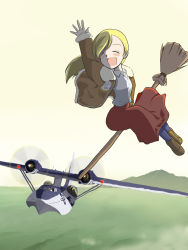 Rule 34 | 1girl, aircraft, airplane, arm up, blonde hair, broom, broom riding, consolidated pby catalina, flying, flying boat, happy, highres, inui (jt1116), jacket, military, mountain, open mouth, original, sidesaddle, skirt, smile, solo, witch