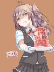 Rule 34 | 10s, 1girl, ahoge, blouse, breasts, brown background, buttons, disgust, drooling, food, gloves, green eyes, hagikaze (kancolle), higeno shinshi, kantai collection, long hair, looking at viewer, meat, neck ribbon, plate, pleated skirt, purple hair, red ribbon, ribbon, saliva, school uniform, shaded face, shirt, short sleeves, side ponytail, simple background, skirt, small breasts, smell, solo, steam, vest, wavy mouth, white gloves, yellow eyes