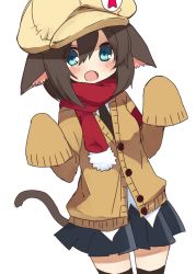 Rule 34 | 1girl, :o, absurdres, animal ears, black neckerchief, blouse, blue skirt, brown hair, cabbie hat, cardigan, cat ears, cowboy shot, dorothy (pan koujou), dorothy (tadashi), dorothy (tadashi1013), dutch angle, emblem, green eyes, hat, highres, looking at viewer, miniskirt, neckerchief, open mouth, original, oversized clothes, pan koujou, partially unbuttoned, pleated skirt, red scarf, scarf, shirt, short hair, simple background, skirt, sleeves past fingers, sleeves past wrists, solo, standing, sweater, white background, white shirt, yellow hat, yellow sweater