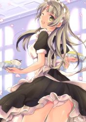 Rule 34 | 10s, 1girl, ;d, apron, bad id, bad pixiv id, brown hair, cowboy shot, from behind, long hair, love live!, love live! school idol project, maid, maid apron, maid headdress, minami kotori, one eye closed, open mouth, panties, smile, solo, tray, underwear, white panties, yellow eyes, yu yu