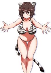 Rule 34 | 1girl, animal ears, bikini, breasts, brown eyes, brown hair, closed mouth, commentary, girls und panzer, halterneck, highres, large breasts, looking at viewer, meiya, navel, nishizumi maho, print bikini, reaching, reaching towards viewer, shadow, short hair, simple background, smile, solo, standing, striped tail, swimsuit, tail, thigh gap, tiger ears, tiger stripes, tiger tail, white background, white bikini