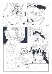 Rule 34 | 2girls, absurdres, bloomers, bow, comic, detached sleeves, digestion, english text, greyscale, hair bow, hair tubes, hakurei reimu, hand on own stomach, hat, highres, kirisame marisa, long hair, monochrome, multiple girls, o o, stomach growling, touhou, unconscious, underwear, vore, waking up, witch hat