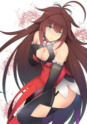 Rule 34 | 1girl, aqua eyes, bare shoulders, black gloves, blush, breasts, brown hair, cleavage, cleavage cutout, clothing cutout, commentary request, dress, elbow gloves, female focus, floral background, flower, garter straps, gloves, hair between eyes, hair flaps, hair ribbon, hand on own chest, large breasts, long hair, looking at viewer, md5 mismatch, open mouth, original, ponytail, red dress, resized, resolution mismatch, ribbon, solo, source larger, spider lily, sts, tears, thighhighs, very long hair