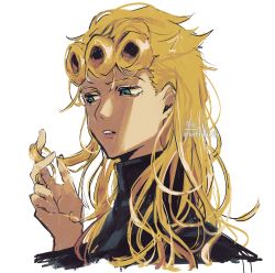 Rule 34 | 1boy, bishounen, black jacket, blonde hair, giorno giovanna, hand up, high collar, highres, jacket, jojo no kimyou na bouken, long hair, looking away, male focus, parted lips, signature, simple background, sofra, solo, twitter username, vento aureo, white background