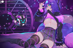 Rule 34 | 1girl, 69, arm support, artist name, bandaid, bandaid on face, bandaid on nose, bed, belt, black shirt, black thighhighs, blue eyes, blue hair, blue nails, blush, breasts, clothes lift, eyewear on head, garter straps, glasses, glowing, grey skirt, heart, high-waist skirt, indie virtual youtuber, indoors, large breasts, lifted by self, long sleeves, looking at viewer, melody (projektmelody), melody (projektmelody) (mel&#039;s hype), miniskirt, mouth hold, nail polish, nanoless, no bra, official alternate costume, on bed, pillow, pink shirt, purple belt, round eyewear, shirt, shirt lift, short ponytail, sitting, skirt, solo, t0m (projektmelody), thighhighs, thighs, underboob, virtual youtuber, vshojo