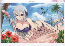 Rule 34 | 1girl, absurdres, bare shoulders, bikini, blue sky, breasts, cleavage, cloud, cloudy sky, day, flower, green eyes, grey hair, hair ornament, hibiscus, highres, large breasts, long hair, looking at viewer, ocean, official art, open mouth, outdoors, page number, palm tree, scan, senran kagura, senran kagura new link, shiny skin, side-tie bikini bottom, simple background, sky, solo, swimsuit, thighhighs, thighs, tree, water, yaegashi nan