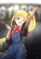 Rule 34 | 1girl, ;d, absurdres, ahoge, arm up, blonde hair, blue overalls, blurry, blurry background, bocchi the rock!, bow, bowtie, commentary request, drumsticks, hair between eyes, hand up, highres, holding, holding drumsticks, ijichi nijika, long hair, looking at viewer, one eye closed, open mouth, orange eyes, overalls, red bow, red bowtie, short sleeves, side ponytail, smile, solo, standing, sweat, tyasuzu, upper body, very long hair, wide sleeves