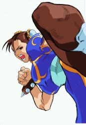 Rule 34 | bengus, boots, bracelet, capcom, chinese clothes, chun-li, clenched hand, double bun, hair bun, high kick, highres, jewelry, kicking, incoming kick, official art, shouting, simple background, spiked bracelet, spikes, street fighter