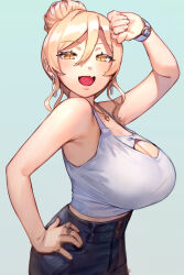 Rule 34 | 1girl, absurdres, bare shoulders, black pants, blonde hair, breasts, cleavage, cleavage cutout, clothing cutout, earrings, fang, hair between eyes, hair bun, highres, jewelry, large breasts, looking at viewer, midriff, necklace, nijisanji, nui sociere, nui sociere (7th costume), official alternate costume, pants, ring, skin fang, solo, tank top, ubo (ubo tales), virtual youtuber, watch, white tank top, wristwatch, yellow eyes
