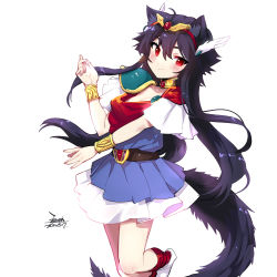 Rule 34 | 1girl, animal ears, black hair, blue dress, blush, breasts, cleavage, commentary request, copyright request, cosplay, dated, dress, ejami, ekko (ejami), fox ears, fox girl, fox tail, hair between eyes, hair ornament, head wings, long hair, looking at viewer, original, red eyes, short sleeves, signature, simple background, small breasts, smile, solo, tail, white background, wings