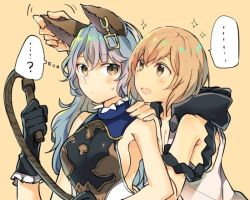 Rule 34 | ..., 10s, 2girls, ?, animal ears, armpits, assassin (granblue fantasy), bad id, bad pixiv id, bare shoulders, black gloves, blonde hair, blue hair, bob cut, breasts, closed mouth, djeeta (granblue fantasy), dress, earrings, erune, ferry (granblue fantasy), gloves, granblue fantasy, hand on another&#039;s ear, hand on another&#039;s shoulder, holding, holding weapon, hood, hood down, hoop earrings, jewelry, leaning on person, long hair, looking at another, mikan-uji, multiple girls, open mouth, short hair, sideboob, simple background, sleeveless, sleeveless dress, sparkle, spoken ellipsis, spoken question mark, sweatdrop, upper body, wavy hair, weapon, whip, yellow background, yellow eyes