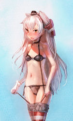 Rule 34 | 1girl, amatsukaze (kancolle), black bra, black panties, blush, bow, bow (bhp), bow bra, bra, brown eyes, cosplay, fang, flat chest, gloves, highres, kantai collection, lace, lace-trimmed bra, lace-trimmed panties, lace trim, long hair, panties, shimakaze (kancolle), shimakaze (kancolle) (cosplay), side-tie panties, solo, standing, striped clothes, striped thighhighs, thighhighs, underwear, underwear only, white hair