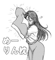 Rule 34 | 1girl, blush, braid, breasts, chinese clothes, collared shirt, commentary, commentary request, closed eyes, greyscale, hair between eyes, heart, hip focus, hong meiling, jewelry, koyubi (littlefinger1988), large breasts, long hair, monochrome, monochrome, necklace, hugging object, pillow, shirt, simple background, smile, solo, spoken heart, star (symbol), star print, touhou, translation request, white background