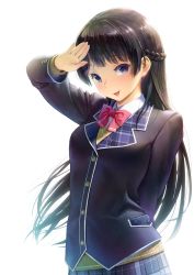 Rule 34 | 1girl, :d, arm behind back, bad id, bad pixiv id, black hair, black jacket, blue eyes, blue skirt, bow, bowtie, floating hair, highres, jacket, long hair, looking at viewer, nijisanji, open mouth, pleated skirt, red bow, red bowtie, salute, simple background, skirt, smile, solo, standing, sweater, tsukino mito, tsukino mito (1st costume), very long hair, virtual youtuber, white background, yellow sweater, yorudou