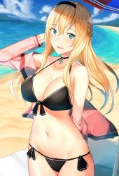 Rule 34 | 1girl, bare shoulders, beach, beach umbrella, bikini, black bikini, black choker, blonde hair, blue eyes, blue sky, braid, breasts, choker, cleavage, cloud, collarbone, commentary request, cowboy shot, day, french braid, front-tie bikini top, front-tie top, groin, hairband, halterneck, hand up, highres, jacket, kantai collection, large breasts, long hair, long sleeves, looking at viewer, navel, ocean, off shoulder, open clothes, open jacket, outdoors, pallad, parted lips, pink jacket, side-tie bikini bottom, sky, smile, solo, standing, stomach, swimsuit, umbrella, warspite (kancolle), water