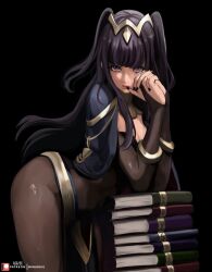 1girl absurdres artist_name bent_over black_hair blunt_bangs bodystocking book book_stack bracelet breasts circlet fire_emblem fire_emblem_awakening highres jewelry lady_shin large_breasts long_hair medium_breasts nintendo purple_eyes solo tharja_(fire_emblem) tiara