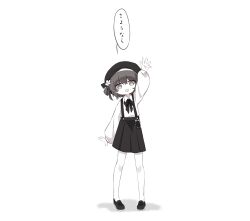 Rule 34 | 1girl, arm at side, arm up, beret, chinese commentary, collared shirt, commentary request, elosa, fang, flower, full body, greyscale, hat, hat flower, hatoba tsugu, highres, long sleeves, looking at viewer, monochrome, neck ribbon, no sclera, open mouth, pigeon-toed, pleated skirt, puffy long sleeves, puffy sleeves, ribbon, shirt, shirt tucked in, shoes, short hair, simple background, single hair ring, skin fang, skirt, solo, speech bubble, standing, suspender skirt, suspenders, translation request, tsugu (vtuber), virtual youtuber, waving