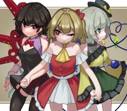 Rule 34 | 3girls, adapted costume, asymmetrical wings, bare shoulders, black dress, black thighhighs, blonde hair, blue wings, bow, bowtie, breasts, cleavage, dress, eyeball, flandre scarlet, frilled sleeves, frills, garter straps, green eyes, highres, holding hands, houjuu nue, komeiji koishi, light green hair, long sleeves, medium breasts, medium hair, multiple girls, one eye closed, one side up, red bow, red bowtie, red dress, red eyes, red wings, shirt, small breasts, smile, thighhighs, third eye, touhou, wavy hair, wide sleeves, wings, yellow shirt, zakozako y