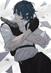 1boy absurdres black_pants blood blood_on_arm blood_on_face blue_eyes byleth_(fire_emblem) byleth_(male)_(fire_emblem) chest_harness closed_mouth collared_shirt commentary_request cowboy_shot dutch_angle earpiece fire_emblem fire_emblem:_three_houses frown glass glass_shards green_hair gun hair_between_eyes handgun harness highres holding holding_gun holding_weapon holster looking_to_the_side male_focus mogmog_0205 nintendo pants shirt shirt_tucked_in sleeves_rolled_up solo weapon white_background white_shirt