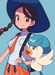 Rule 34 | 1girl, blue headwear, blush, braid, brown eyes, brown hair, closed mouth, collared shirt, commentary request, creatures (company), eyelashes, game freak, hand on own hip, hat, highres, juliana (pokemon), necktie, nintendo, orange necktie, orange shorts, pokemon, pokemon (creature), pokemon sv, quaxly, shirt, short sleeves, shorts, smile, tyako 089