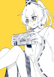Rule 34 | 1girl, :q, bright pupils, closed mouth, commentary, controller, game controller, greyscale, greyscale with colored background, gurajio, hat, highres, holding, holding controller, holding game controller, japanese clothes, kariginu, knees up, long sleeves, medium hair, monochrome, mononobe no futo, pom pom (clothes), ponytail, ribbon-trimmed sleeves, ribbon trim, shameimarulike, simple background, sitting, smile, solo, symbol-only commentary, tate eboshi, tongue, tongue out, touhou, v-shaped eyebrows, wide sleeves, yellow background, yellow eyes
