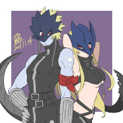 Rule 34 | 1boy, 1girl, beelstarmon, beelzebumon, belt, blonde hair, dated, digimon, digimon (creature), hand on own hip, highres, mask, paruko (baalbeel11), purple background, scarf, shoulder tattoo, tattoo, torn clothes, torn scarf, white background