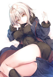 Rule 34 | 1girl, absurdres, ahoge, ass, black panties, breasts, fal maro, fate/grand order, fate (series), highres, jacket, jeanne d&#039;arc (fate), jeanne d&#039;arc alter (fate), jeanne d&#039;arc alter (ver. shinjuku 1999) (fate), looking at viewer, lying, medium breasts, official alternate costume, panties, pantyshot, short hair, silver hair, simple background, solo, thighhighs, underwear, white background, wicked dragon witch ver. shinjuku 1999, yellow eyes