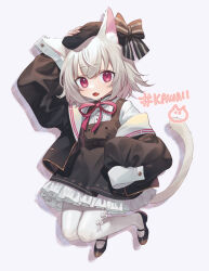 Rule 34 | 1girl, animal ear fluff, animal ears, arm up, beret, black footwear, coefont, commentary, dress, english text, fang, floating, grey hair, hand on headwear, hat, hat ribbon, highres, jacket, long sleeves, sayo (voicevox), open clothes, open jacket, open mouth, pantyhose, red eyes, ribbon, sidelocks, sleeve cuffs, solo, tail, voicevox, yoshino ns