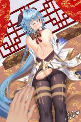 Rule 34 | 1girl, 1other, ahoge, aile (crossroads), artist name, ass, back, backless outfit, black pantyhose, blue hair, blush, bodystocking, bodysuit, bow, detached sleeves, from behind, ganyu (genshin impact), genshin impact, gold trim, highres, horns, long hair, looking at viewer, looking back, lying, on stomach, one eye closed, pantyhose, pov, pov hands, purple eyes, sidelocks, signature, sweatdrop, thighlet, torn clothes, torn legwear, white sleeves