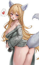 Rule 34 | 1girl, animal ears, ass, bare shoulders, black nails, blonde hair, blue eyes, blush, breasts, commission, fox ears, fox girl, fox tail, from behind, green robe, heart, highres, large breasts, long hair, long sleeves, looking back, off shoulder, original, robe, rurufix, shiny skin, simple background, solo, spoken heart, tail, tongue, tongue out, white background