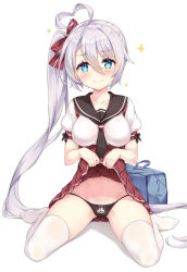 Rule 34 | 1girl, ahoge, azur lane, bag, black necktie, black panties, black sailor collar, blue eyes, blush, bow, breasts, character print, commentary request, hair between eyes, hair bow, hair ribbon, heart, heart-shaped pupils, heart in eye, highres, indianapolis (azur lane), large breasts, lifted by self, long hair, looking at viewer, navel, necktie, open mouth, panties, portland (azur lane), portland (at school with indy!) (azur lane), print panties, ribbon, sailor collar, school uniform, short sleeves, side ponytail, sitting, smile, solo, spread legs, symbol-shaped pupils, symbol in eye, thighhighs, underwear, very long hair, white background, white thighhighs, yamasan
