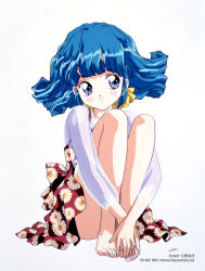 Rule 34 | 1990s (style), 1997, 1girl, aqua hair, artist name, bare legs, barefoot, blue eyes, company name, daisy, dated, feet, floral print, flower, folded, full body, hands on feet, knees to chest, legs together, long sleeves, official art, retro artstyle, rolfee, see-through, simple background, sitting, smile, solo, tadano kazuko, tonari no princess rolfee, white background