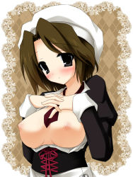 Rule 34 | 1girl, breasts, brown hair, dress, large breasts, maid, nipples, rionoil, shannon (umineko), solo, umineko no naku koro ni