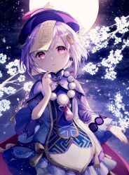 Rule 34 | 1girl, bead necklace, beads, blush, braid, cherry blossoms, coin, coin hair ornament, full moon, genshin impact, hair between eyes, hair ornament, hat, jewelry, long sleeves, moon, necklace, night, night sky, noyu (noyu23386566), purple eyes, purple hair, purple hat, qingdai guanmao, qiqi (genshin impact), sitting, sky, solo, talisman, wide sleeves