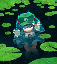 Rule 34 | 1girl, aqua eyes, aura, blue hair, blueberry (5959), breasts, dress, female focus, glowing, glowing hand, grin, hair bobbles, hair ornament, hat, highres, kawashiro nitori, key, knees together feet apart, lily pad, mouth under water, short hair, short twintails, smile, solo, submerged, touhou, twintails, two side up, underwater, water, wet, wet clothes, you gonna get raped