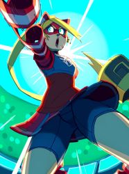 Rule 34 | 1girl, android, arms (game), backlighting, bad id, bad twitter id, bike shorts, blonde hair, boxing gloves, domino mask, green eyes, highres, lexivine, mask, nintendo, open mouth, pleated skirt, ponytail, ribbon girl (arms), skirt, solo, stadium