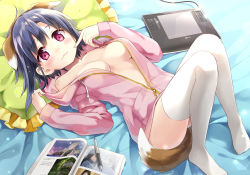 Rule 34 | 1girl, :3, animal ears, bed sheet, blue hair, blush, bokutachi no remake, book, bow, breasts, commentary request, dog ears, dog tail, drawing tablet, eretto, fake animal ears, finger to face, frilled pillow, frills, hair bow, hood, hoodie, looking at viewer, lying, medium breasts, naked hoodie, on back, open book, open clothes, open hoodie, partially unzipped, pillow, pink eyes, pink hoodie, shino aki, solo, stylus, tail, thighhighs, white thighhighs