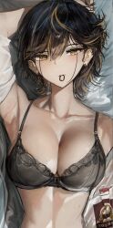Rule 34 | 1girl, arm behind head, armpits, artist logo, black bra, black hair, blonde hair, bra, breasts, cleavage, collarbone, ear piercing, hair tie in mouth, highres, indonesian high school uniform, lace, lace bra, large breasts, looking at viewer, mouth hold, multicolored hair, original, piercing, school uniform, shirt, short hair, solo, streaked hair, underwear, upper body, vloodozer, white shirt, yellow eyes