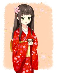 Rule 34 | 1girl, :d, absurdres, blunt bangs, blush, bowl, breasts, brown hair, cherry blossom print, collarbone, commentary request, cowboy shot, floral background, floral print, flower, gochuumon wa usagi desu ka?, green eyes, hair flower, hair ornament, highres, holding, japanese clothes, kimono, long hair, long sleeves, looking at viewer, maki ookami, medium breasts, obi, open mouth, orange background, own hands together, pink flower, print kimono, print sash, sash, smile, solo, standing, ujimatsu chiya, wide sleeves