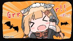 Rule 34 | &gt; &lt;, 1girl, animal hands, bat (animal), black ribbon, black scarf, blonde hair, blush, commentary request, emphasis lines, facing viewer, fang, gloves, hair flaps, hair ornament, hair ribbon, hairclip, kantai collection, long hair, orange background, paw gloves, poipoi purin, ribbon, scarf, solo, twitter username, upper body, wolf hood, yuudachi (kancolle), yuudachi kai ni (kancolle)