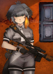 Rule 34 | 10s, 1girl, black gloves, blonde hair, character name, closed mouth, collared shirt, copyright name, dragunov svd, gloves, green eyes, grey hair, grey pantyhose, grey shirt, grey shorts, gun, head tilt, holding, holding gun, holding weapon, japari symbol, kemono friends, looking at viewer, multicolored hair, pantyhose, persocon93, rifle, shirt, shoebill (kemono friends), shorts, sniper rifle, solo, standing, tail, tom clancy&#039;s the division, trigger discipline, two-tone hair, watch, weapon, wing collar, wristwatch