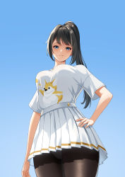 Rule 34 | 1girl, absurdres, animal print, black hair, black pantyhose, blue eyes, blue sky, clear sky, closed mouth, commentary request, forehead, frilled skirt, frills, hand on own hip, heart, high-waist skirt, high ponytail, highres, long hair, looking at viewer, looking down, original, outdoors, panties, pantyhose, pantyshot, pleated skirt, shadow, shirt, short sleeves, sidelocks, skirt, sky, smile, solo, split mouth, tari (aegr3883), underwear, white panties, white shirt, white skirt