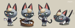 Rule 34 | 1boy, :&lt;, absurdres, all fours, animal crossing, animal ears, animal hands, animal nose, artist name, beige background, black-framed eyewear, black fur, black vest, blonde hair, blue neckwear, blush, body fur, book, bottomless, cat boy, cat ears, cat stretch, cat tail, cleaning glasses, closed eyes, closed mouth, coffee, cup, drink, fangs, formal, full body, furry, furry male, glasses, glasses removed, green eyes, grey fur, half-closed eyes, hand up, hands up, happy, heterochromia, highres, holding, holding book, iria (yumeirokingyo), looking at viewer, looking down, male focus, motion lines, mug, multiple views, necktie, nintendo, notice lines, open book, open mouth, orange eyes, pawpads, pet bed, raymond (animal crossing), reading, shirt, short hair, signature, simple background, sitting, smile, standing, stretching, sweat, tail, tongue, tongue out, trembling, very short hair, vest, white shirt