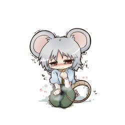Rule 34 | 1girl, animal ears, blush, capelet, chibi, dekasudachin, dress, female focus, grey dress, grey hair, hand on own chest, mouse ears, mouse tail, nazrin, pee, peeing, peeing self, red eyes, short hair, sitting, solo, tail, tears, touhou, trembling