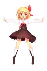Rule 34 | 1girl, :d, absurdres, blonde hair, fangs, full body, hair ribbon, highres, kneehighs, long sleeves, necktie, neetsr, open mouth, outstretched arms, red eyes, ribbon, rumia, shoes, short hair, simple background, skirt, skirt set, smile, socks, solo, spread arms, tareme, touhou, white background, wide-eyed