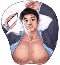 Rule 34 | 1boy, absurdres, bandaid, bandaids on nipples, bara, black hair, black jacket, blazer, blue shirt, cellphone, chin, collarbone, collared shirt, commentary, dress shirt, english commentary, facial hair, formal, grey eyes, highres, holding, holding phone, hololive, jacket, long sleeves, looking at viewer, male focus, manly, mousepad (medium), muscular, nose, nostrils, parted lips, pasties, pectorals, phone, real life, shirt, simple background, sliverel, smartphone, solo, stubble, sweat, teeth, upper body, white background, yagoo
