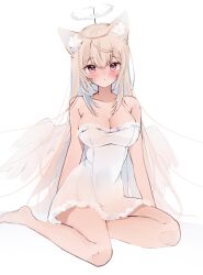 Rule 34 | 1girl, absurdres, animal ear fluff, animal ears, bare arms, bare legs, bare shoulders, barefoot, blonde hair, blue hair, blush, breasts, cleavage, dog ears, dress, fake halo, fuwawa abyssgard, halo, highres, hololive, hololive english, large breasts, long hair, looking at viewer, meiwowowo, parted lips, pink eyes, see-through, simple background, sitting, strapless, very long hair, virtual youtuber, white background, white dress, wings