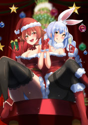 Rule 34 | 2girls, :d, abi (abimel10), absurdres, alcohol, alternate costume, animal ear fluff, animal ears, bare shoulders, black pantyhose, black thighhighs, blue hair, blurry, blurry background, blush, boots, braid, breasts, carrot hair ornament, champagne, champagne flute, christmas, christmas tree, commentary request, crossed legs, cup, don-chan (usada pekora), drinking glass, food-themed hair ornament, fur trim, gift, gloves, hair ornament, hat, heterochromia, highres, holding, hololive, houshou marine, large breasts, long hair, looking at viewer, medium breasts, multicolored hair, multiple girls, open mouth, ornament, panties, panties under pantyhose, pantyhose, partial commentary, rabbit ears, rabbit girl, red eyes, red gloves, red hair, red legwear, red shirt, ribbon, santa costume, santa hat, shirt, sitting, smile, thick eyebrows, thighband pantyhose, thighhighs, thighs, tongue, tongue out, twin braids, twintails, two-tone hair, underwear, usada pekora, virtual youtuber, white hair, yellow eyes