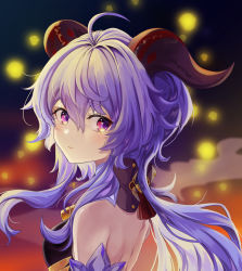 Rule 34 | absurdres, ahoge, back, backless outfit, bare shoulders, bell, blue hair, blush, bow, breasts, detached sleeves, ganyu (genshin impact), genshin impact, highres, horns, lantern, long hair, looking at viewer, medium breasts, multicolored eyes, pitohuibloodbend, purple eyes, sidelocks, signature, smile, solo, upper body, white sleeves